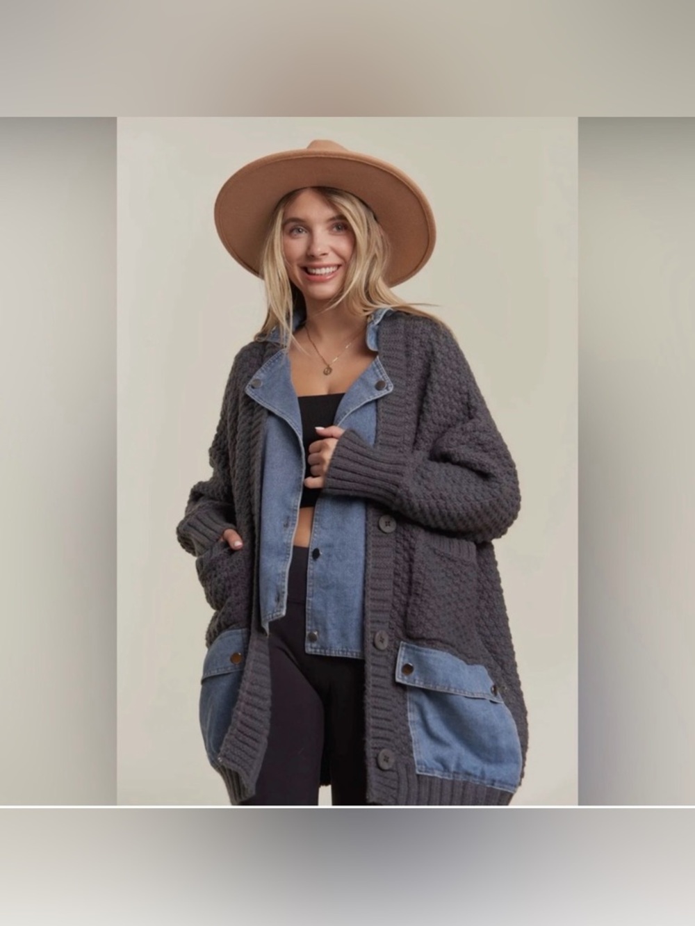 ADORA Charcoal Knit Cardigan with Denim Trim